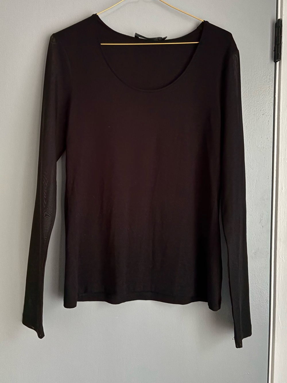 Lauren Vidal Black Long mesh  Sleeve Scoop Neck Top